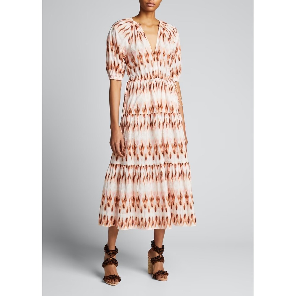A.L.C. Misha Printed Tiered Midi Dress Abstract Feather Dye Pink Brown Size 0